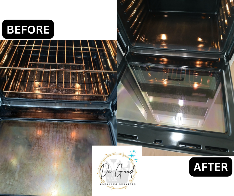 Oven interior before and after cleaning — grease removed, glass shining
