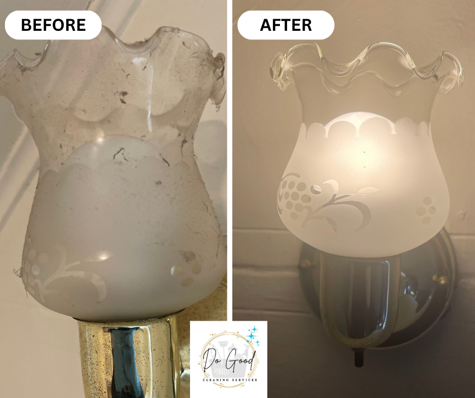 Glass light fixture shade before and after dusting